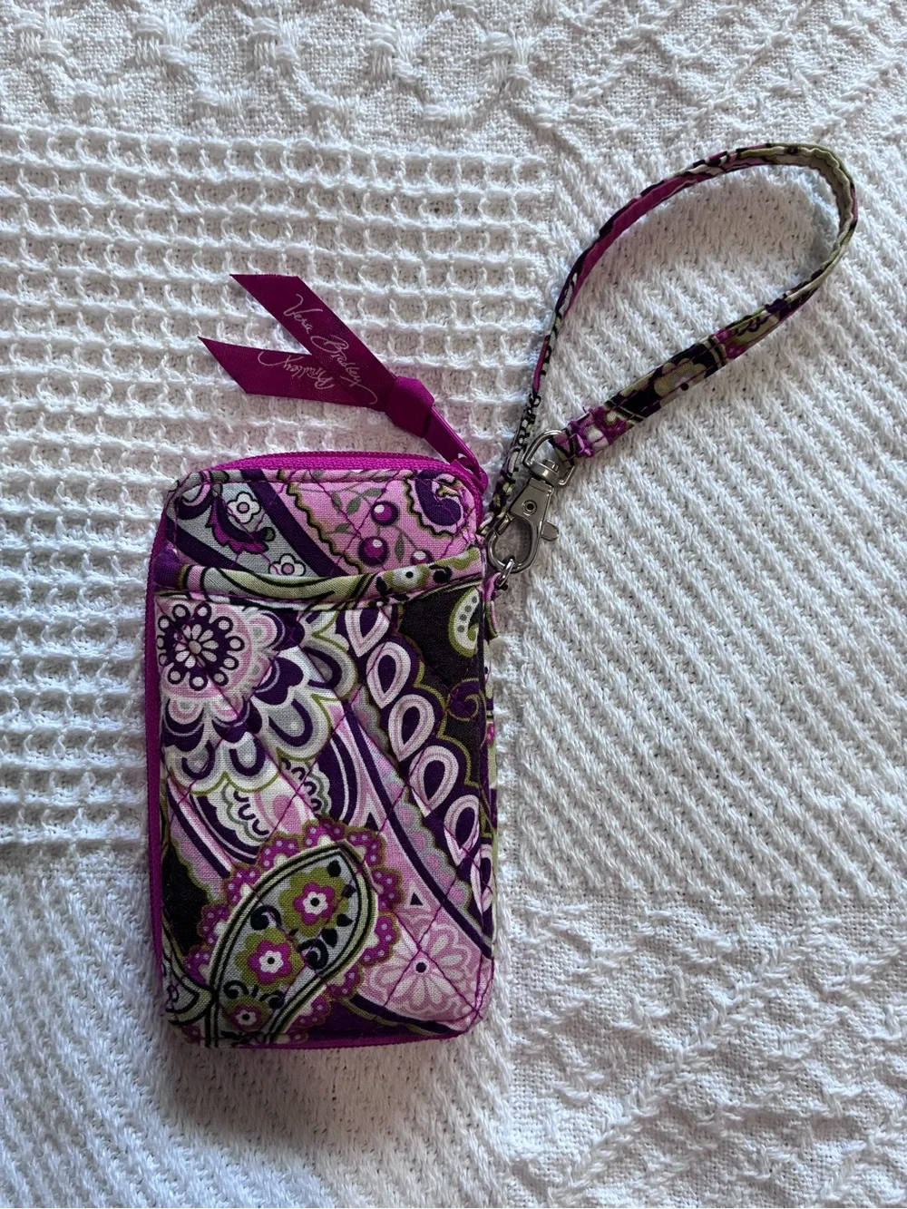 Vera Bradley Zip ID Wristlet in Very Berry Paisley pattern quilted purple pink